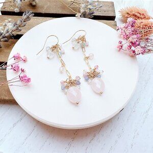 New Handmade Rose Quartz with Tiny Gemstones Cluster Long Dangle Earrings